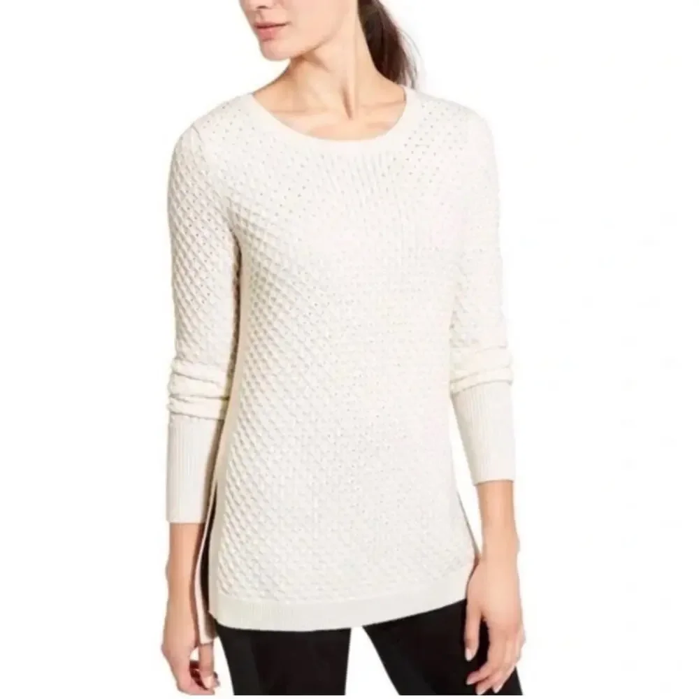 Athleta Honeycomb Cream Color Sweater Cozy Tunic, merino wool blend Sz Medium